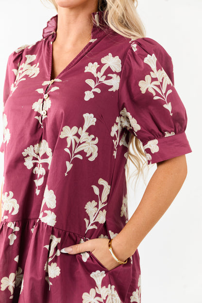 Entro Maroon Floral Puff Sleeve Cotton Mini Dress