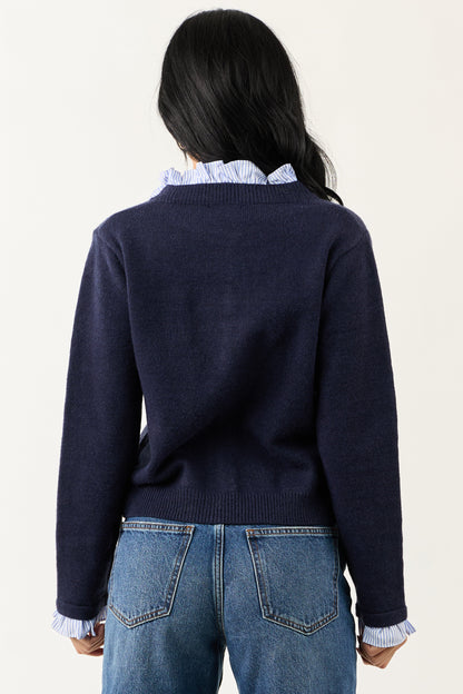 Entro Navy Contrast Ruffle Button Down Cardigan
