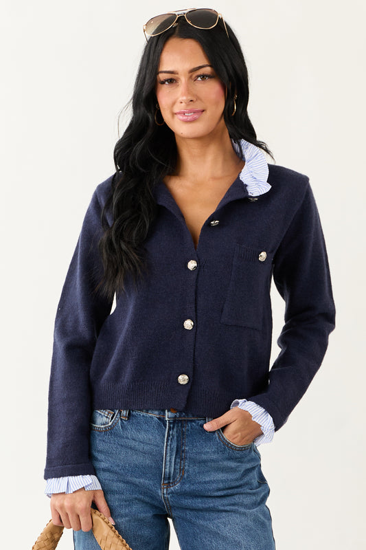 Entro Navy Contrast Ruffle Button Down Cardigan