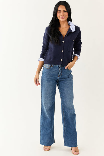 Entro Navy Contrast Ruffle Button Down Cardigan