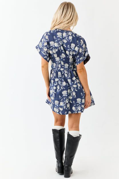 Entro Navy Floral Print Pleated Mini Dress