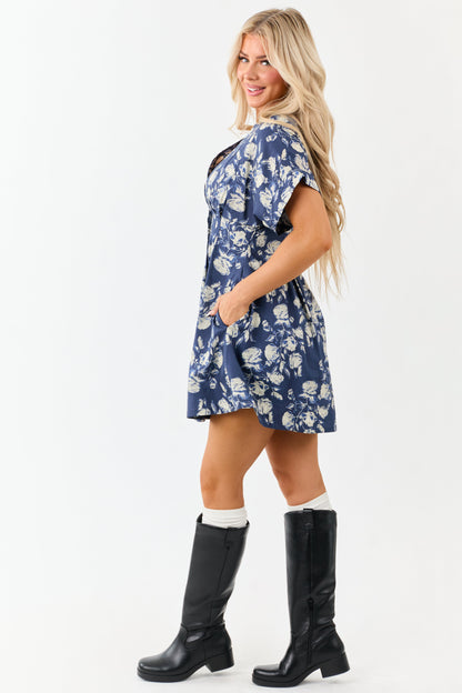 Entro Navy Floral Print Pleated Mini Dress
