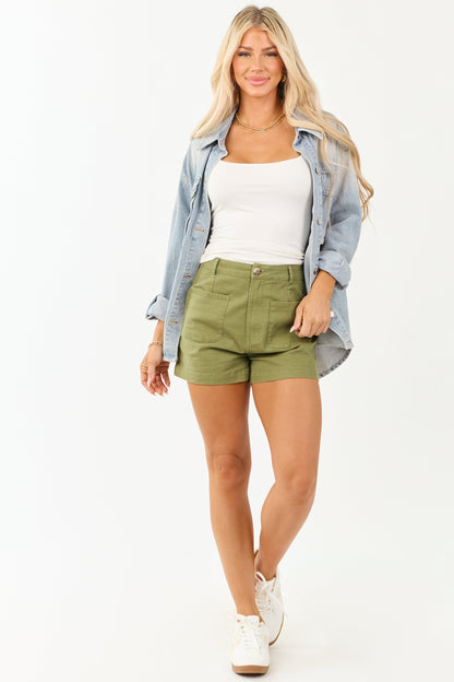 Entro Olive Denim Patch Pocket Mini Shorts