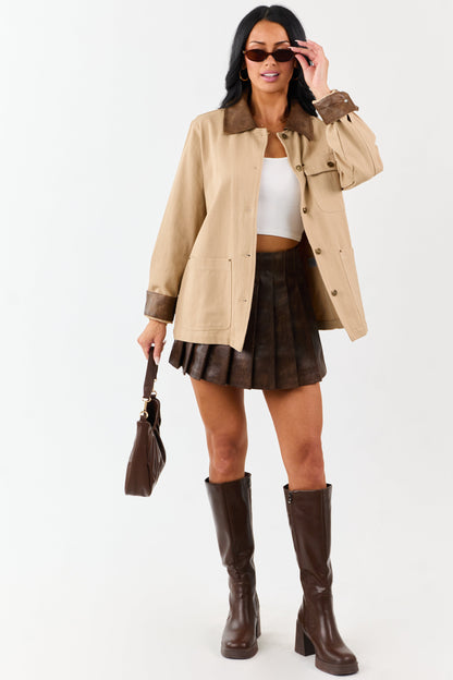 Entro Sand Denim Button Up Contrast Collar Jacket