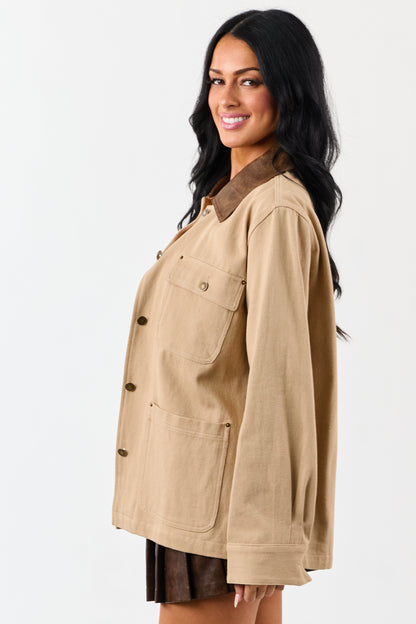 Entro Sand Denim Button Up Contrast Collar Jacket
