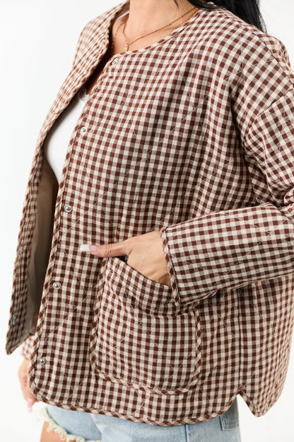 Entro Sepia Gingham Snap Button Down Cotton Jacket