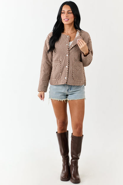 Entro Sepia Gingham Snap Button Down Cotton Jacket
