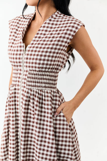 Entro Sepia Gingham Zip Up Cotton Midi Dress