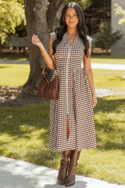 Entro Sepia Gingham Zip Up Cotton Midi Dress