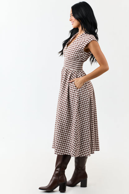 Entro Sepia Gingham Zip Up Cotton Midi Dress