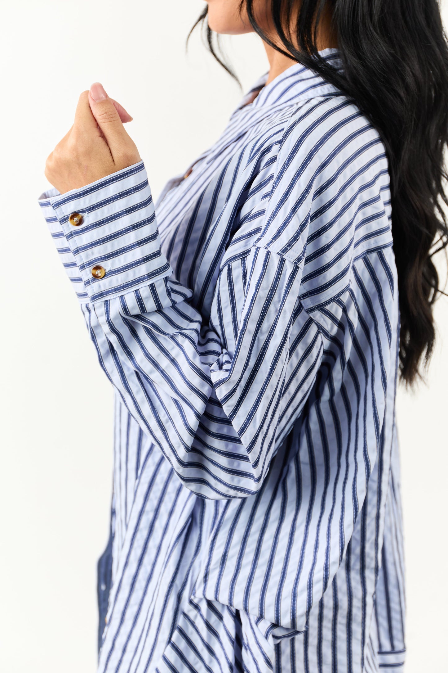 Entro Sky Blue Striped Long Sleeve Button Up Top