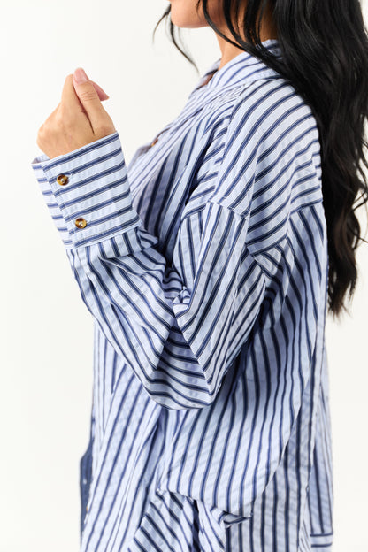 Entro Sky Blue Striped Long Sleeve Button Up Top