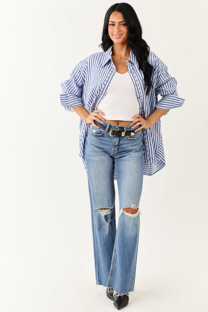 Entro Sky Blue Striped Long Sleeve Button Up Top