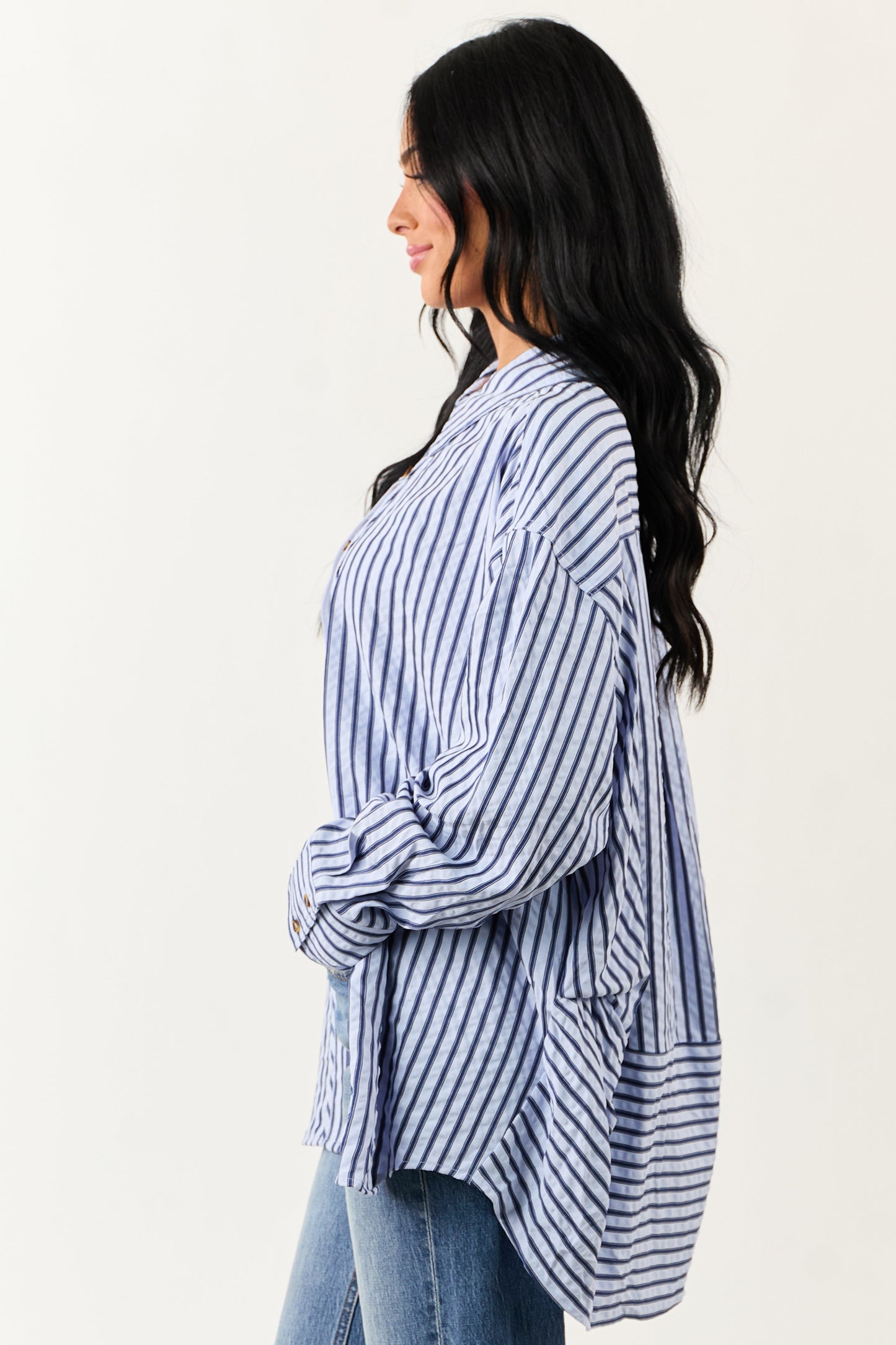 Entro Sky Blue Striped Long Sleeve Button Up Top