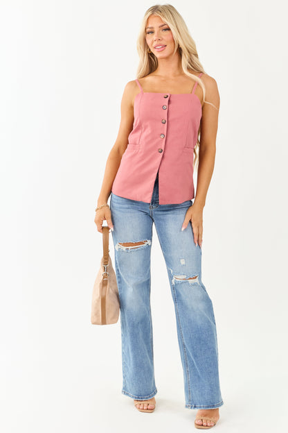 Faded Hibiscus Button Down Linen Blend Tank Top
