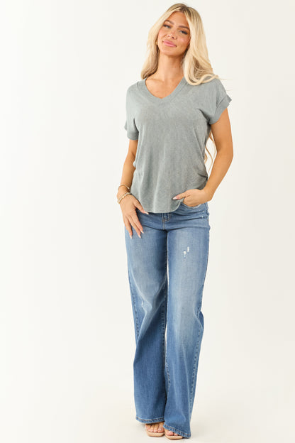 Faded Juniper Relaxed V Neck Slub Knit Top