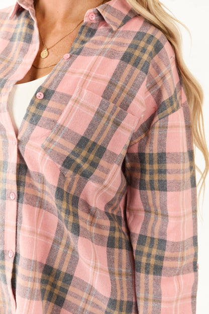 Faded Punch Plaid Flannel Long Sleeve Button Up Top