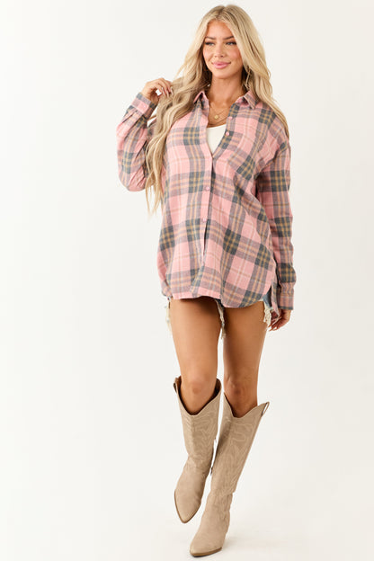 Faded Punch Plaid Flannel Long Sleeve Button Up Top