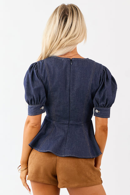 Flying Tomato Dark Wash Denim Peplum Puff Sleeve Top