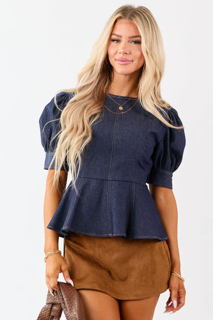 Flying Tomato Dark Wash Denim Peplum Puff Sleeve Top