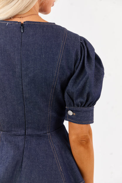 Flying Tomato Dark Wash Denim Peplum Puff Sleeve Top