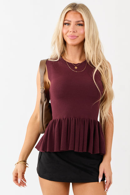 Flying Tomato Mahogany Peplum Ruffle Knit Tank Top