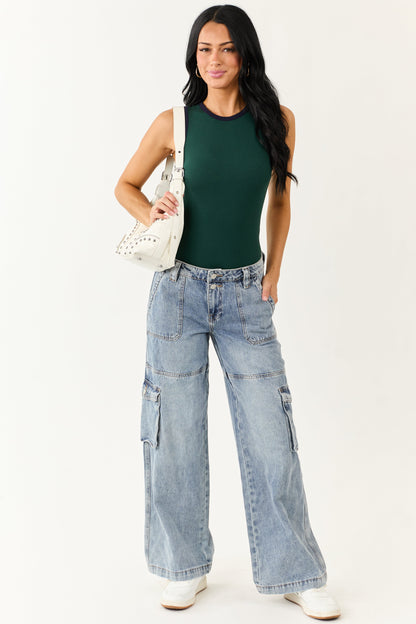 Forest Green Contrast Trim Rib Knit Tank Bodysuit