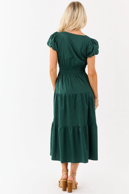 Forest Green Short Puff Sleeve Tiered Midi Dress