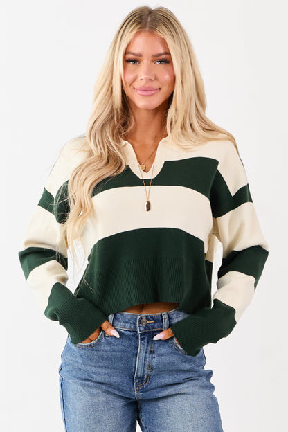 Forest Green Striped Rugby Style Sweater