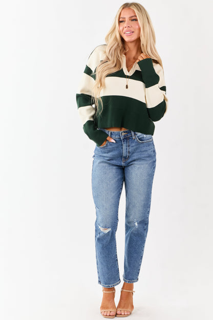 Forest Green Striped Rugby Style Sweater