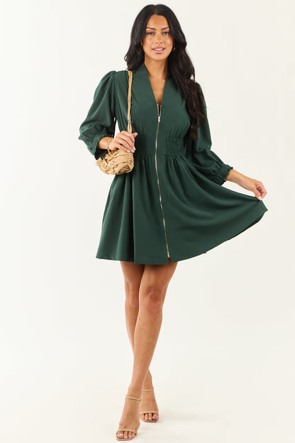 Forest Green Zip Up Smocked Waist Mini Dress
