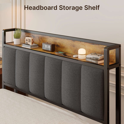 Twin / Full / Queen / King Size Metal Platform Bed Frame with Upholstered Storage Headboard