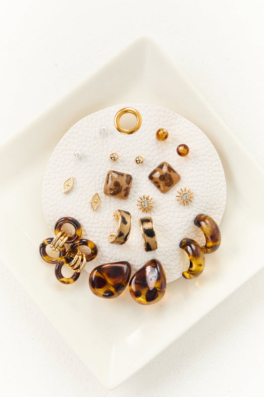 Gold Leopard Print and Pearl 10 Piece Earring Set