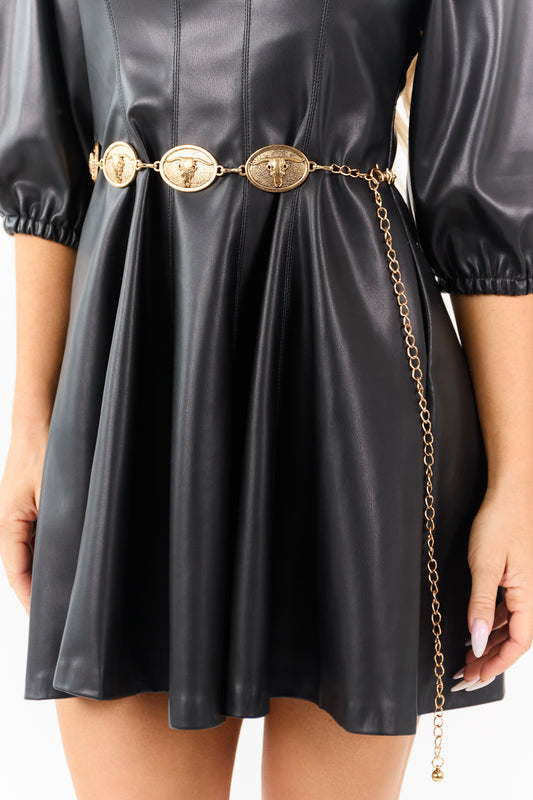 Gold Longhorn Skull Concho Disc Chain Belt