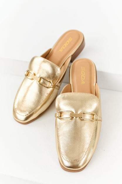 Gold Metallic Faux Leather Chain Link Mule Flats