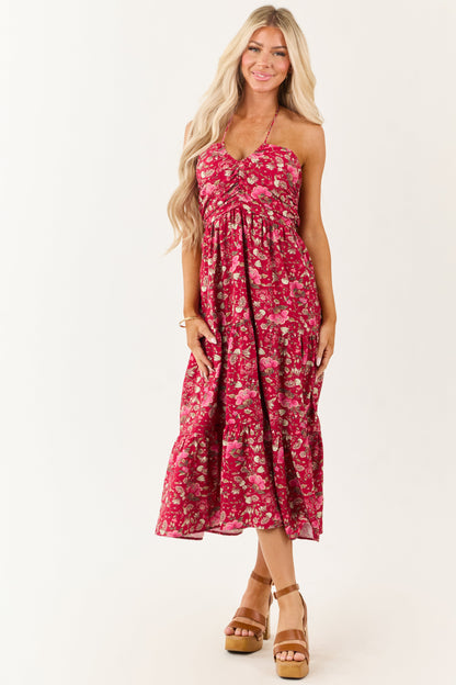 Hibiscus Floral Print Halter Tie Neck Midi Dress