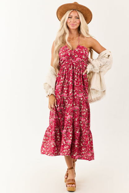Hibiscus Floral Print Halter Tie Neck Midi Dress