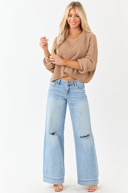Hidden Light Wash Distressed Stretchy Wide Leg Jeans
