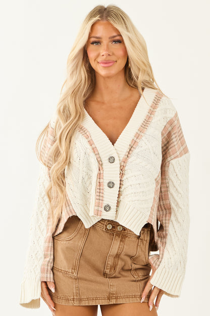 Ivory Cable Knit Plaid Contrast Button Up Cardigan