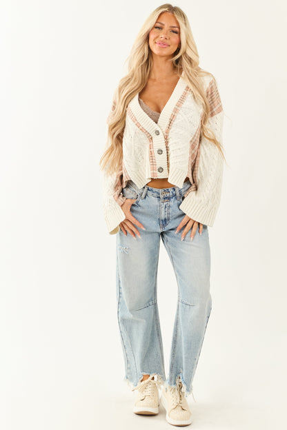 Ivory Cable Knit Plaid Contrast Button Up Cardigan