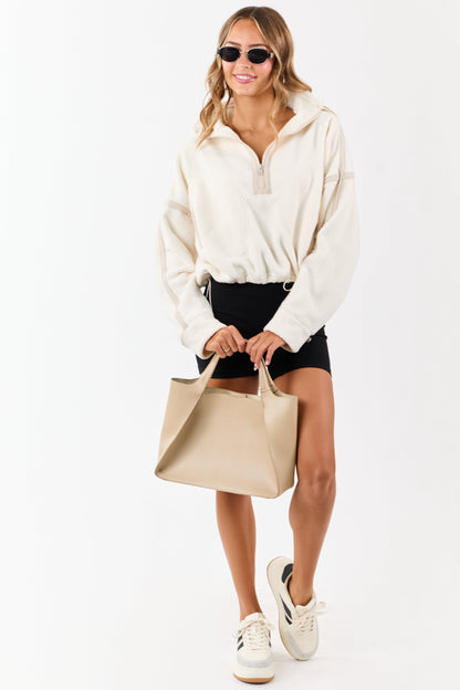 Ivory Contrast Trim Half Zip Up Fleece Pullover