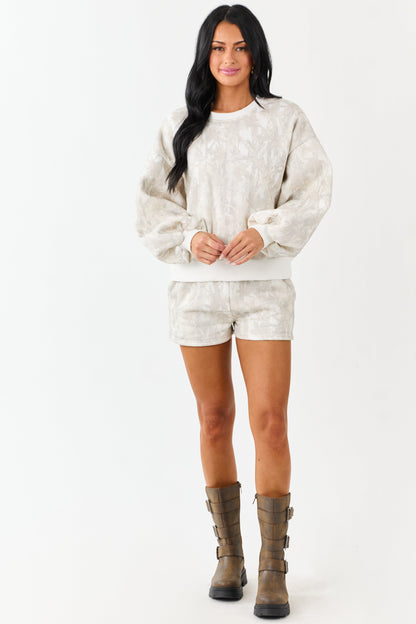 Ivory Faded Camo Print Sweatshirt and Shorts Set