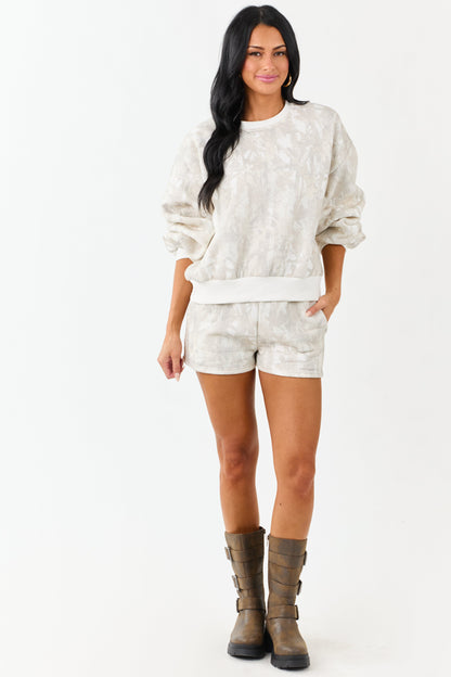 Ivory Faded Camo Print Sweatshirt and Shorts Set