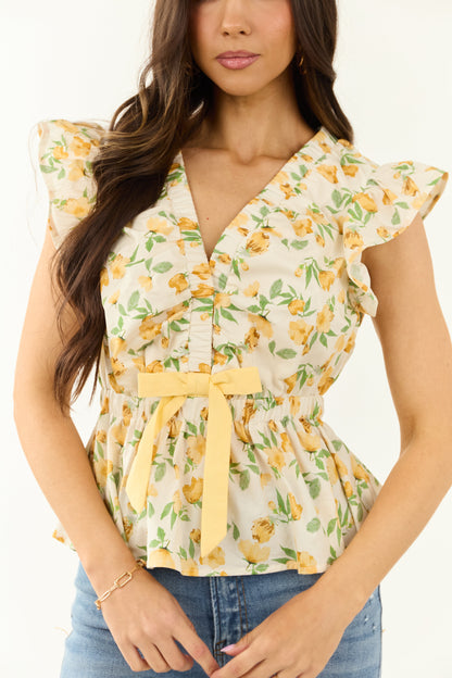 Ivory Floral Print Cotton Ruffle Cap Sleeve Top