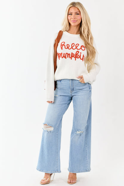 Ivory 'Hello Pumpkin' Yarn Embroidery Sweater