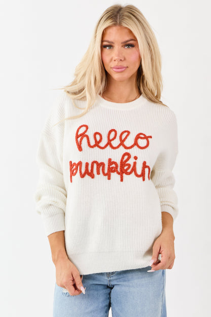 Ivory 'Hello Pumpkin' Yarn Embroidery Sweater