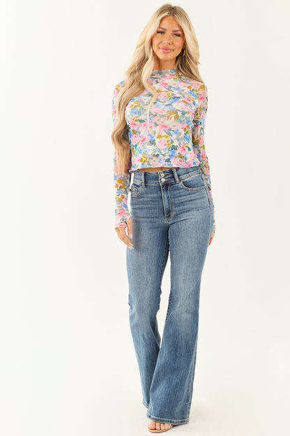 Ivory Mock Neck Floral Print Long Sleeve Top
