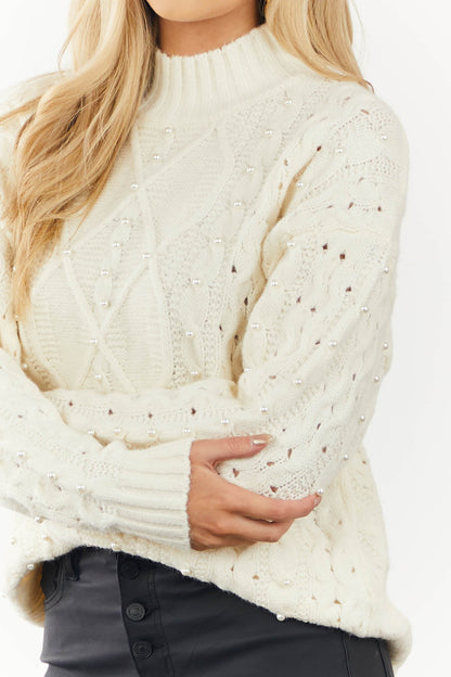 Ivory Pearl Beaded Cable Knit Sweater