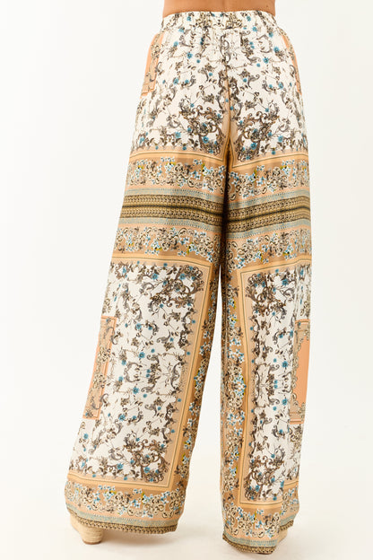 Ivory Scarf Print Satin Flowy Wide Leg Pants