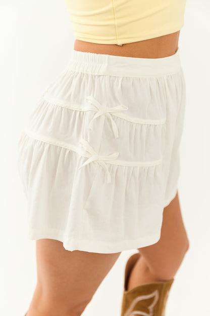 Ivory Side Bow Detail Tiered Smocked Waist Shorts